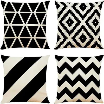 Obrázok produktu pre Uniqoos® Sada 4 dekoratívnych vankúšikov, 40 x 40 cm – štvorcové, vyrobené z ľanu, s geometrickým vzorom, čierne, vhodné do exteriéru aj do obývačky