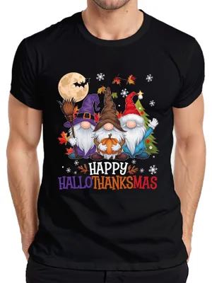 Zdjęcie produktu dla Koszulka męska "Happy HalloThanksmas Gnomes Halloween Weihnachten", czarna, rozmiar XL