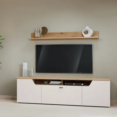 Produktbild von Wohnwand in Kaschmir & Eiche mit Wandboard & Lowboard, 2-teilig - CARMONA-129