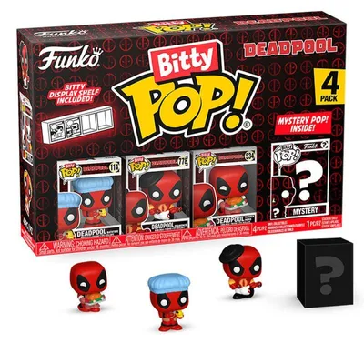 Produktbild von Blisterpackung mit 4 Bitty POP Marvel Deadpool Badespielzeugen