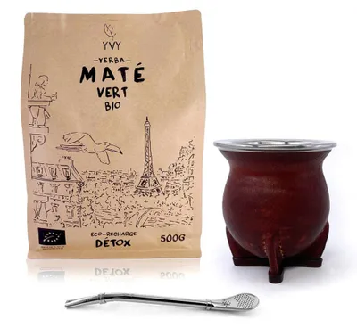 Image de YVY MATÉ – Kit Maté Camionero – Calebasse Cuir + Bombilla + Yerba MatéVert 500 g – Coffret Artisanal d'Uruguay