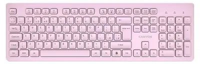 A pink wireless keyboard is shown from a top-down perspective on a white background.