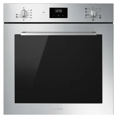 A front view of a stainless steel oven with a black glass door.