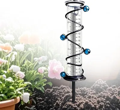 Produktbild von Regenmesser aus Glas und Eisen für den Garten, frostbeständig mit Metallständer, gut ablesbar, Niederschlagsmesser für Außenbereiche und Landschaften, transparent