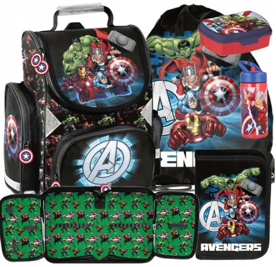 Produktbild von 5tlg AVENGERS Schulranzen set Ranzen Schulrucksack rucksack Federtasche Sportbeutel Trinkflasche Brotdose MARVEL HULK IRON MAN THOR fur junge