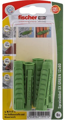 Obrázok produktu pre Fischer 524827, Expanzná kotva, pórobetón, Tehla, Betón, Sadrový blok, Nylon, Zelená, 1,2 cm, 60 mm