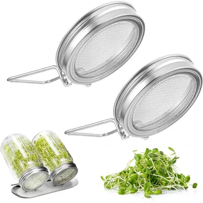 Produktbild von Sprossenglas Deckel 2er Set aus Edelstahl, Keimglas Deckel mit integriertem Ständer, wiederverwendbar für Sprossen & Mungbohnen
