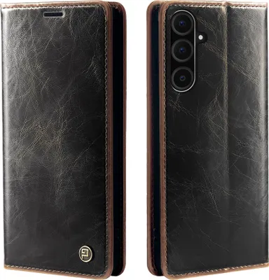 Produktbild von Handyhülle für Samsung Galaxy A36 5G mit 9H Displayglas Kunstleder Flip Vintage Cover Hülle RFID Schutz Case Kartenfach Farbe: Dunkelbraun