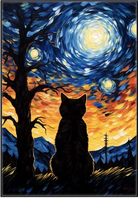 Produktbild von Wallario Wandbild Katze im Sternenlicht, Größe: 70,30 x 100,30 cm, Poster mit schwarzem Aluminiumrahmen