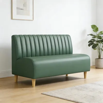 A green sofa is shown in a room with a plant and a framed picture on the wall.