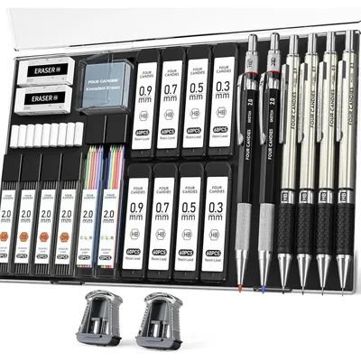 Immagine prodotto di Set di matite a grafite con astuccio, composto da 4 matite a grafite metalliche con punte da 0,3/0,5/0,7/0,9 mm e 2 penne a mina da 2 mm, più 552 mine per disegno e schizzi