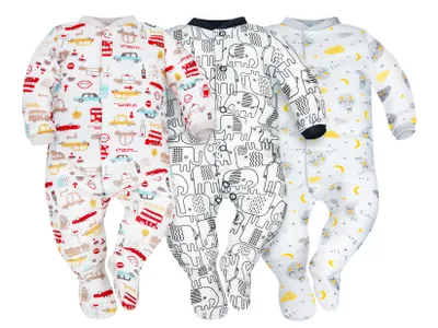Produktbild von DOLCE SONNO 3er-Set Baby Schlafstrampler mit Langarm – Elefanten, Autos, Monde – 100% Baumwolle – Größe 80