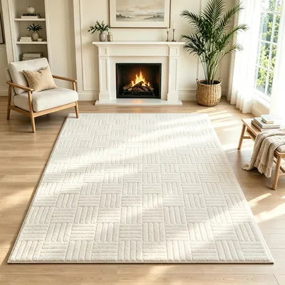 Produktbild von Teppich 120x180 cm, beige, Kurzflor, rutschfest, waschbar, für Wohnzimmer