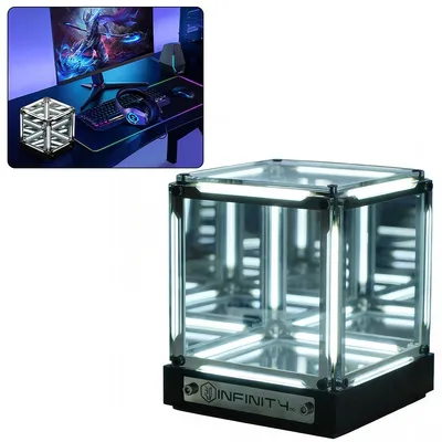 Produktbild von Infinity Spiegel Lampe LED Würfel 95mm dimmbar Touch USB-C Akku 12h Laufzeit Lichtdeko für Gaming Zimmer Wohnzimmer