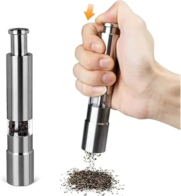 Produktbild von Salz- und Pfeffermühle aus Edelstahl mit Glaskörper, Daumenpresse und verstellbarem Keramikmechanismus – hohe Handmühle für Salz und Pfeffer als Pumpstreuer (1 Stück)