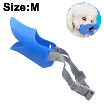 A product image showing a blue dog muzzle and a small dog wearing a similar muzzle.