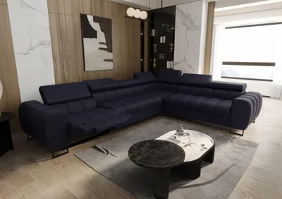 Productafbeelding van Eckbank met slaapfunctie, model BASTIEN RELAX, bekleed met stof in de kleuren terra en donkerblauw, met een ottomaan aan de rechterkant
