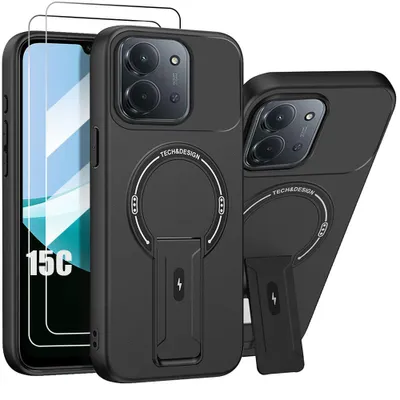 Image de Coque + 2 Verres Trempés pour Xiaomi Redmi 15C 4G/5G, Silicone avec Support et Cercle Magnétique - Noir