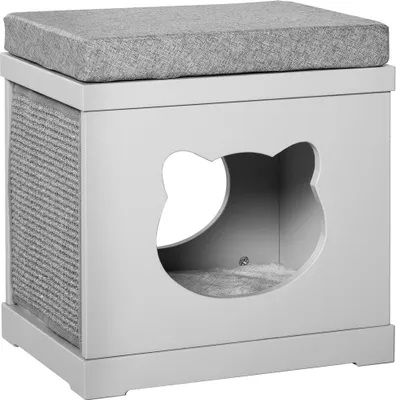 Image de Maison pour chat en bois PawHut avec 2 coussins et griffoirs amovibles, gris, 41 x 30 x 36 cm