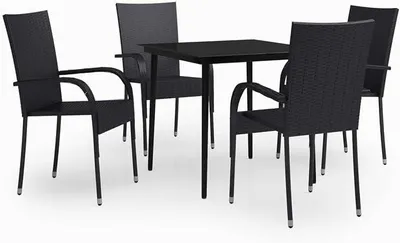 Produktbild von 5-TLG. Garten Essgruppe 4 Personen, Terrassenmöbel Set, Tisch mit Glas-Tischplatte & Polyrattan Stühle, Gartenmöbel Set Schwarz