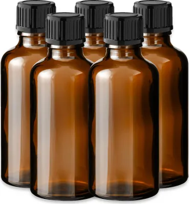 Produktbild von 5x Glasflasche braun 50 ml mit schwarzem Schraubverschluss Kappe leer