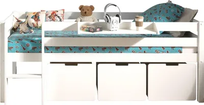 Produktbild von VIPACK Kojen-Spielbett mit Liegefläche 90 x 200 cm, inkl. Leiter, Regal, Rolllattenrost und 3 Schubkästen, Kiefer und MDF weiß lackiert