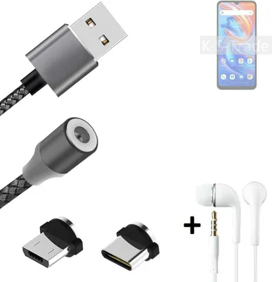 Produktbild von K-S-Trade® Hochwertiges Magnet-Lade-kabel Sync-Kabel Daten-Kabel + Kopfhörer kompatibel mit UMIDIGI A13S mit USB-Typ-C-Anschluss und