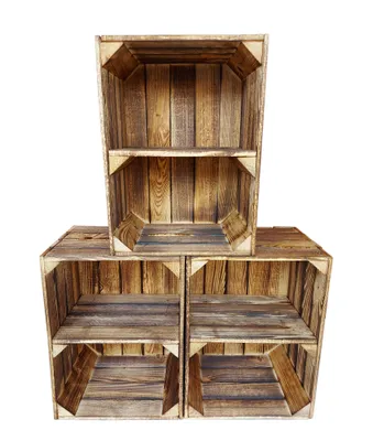 Produktbild von 3er Holzkisten Geflammte mit Regal - 40x30x24 cm - Dekorative Aufbewahrungsboxen aus Holz