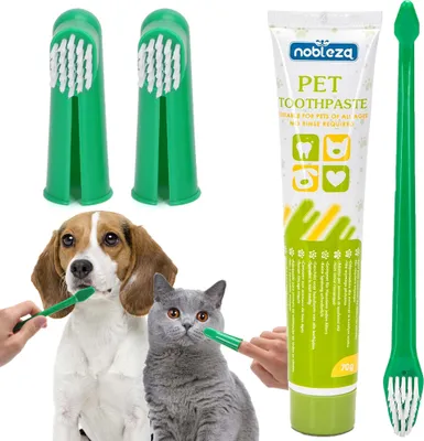 Produktbild von Zahnpasta Für Hunde + Hundezahnbürste + 2 Tipps Cap Set, Hahnpasta Zahnreinigung Zahnpflege Hund Hundezahnpasta