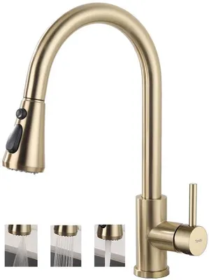 Image de Robinet de cuisine en acier avec douchette extractible, robinet de cuisine à 3 jets pivotant à 360°, robinet d'évier de cuisine, or mat