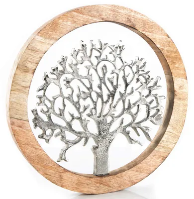 Lebensbaum Wanddekoration aus Aluminium & Holz, silber, 25 cm