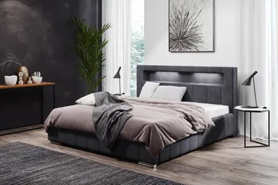 Produktbild von Polsterbett Sechs mit Bettkasten, Bett mit Metallrahmen, LED-Beleuchtung, Chrombeine (Stoff: kronos 22 - grau, Große: 180x200 cm)