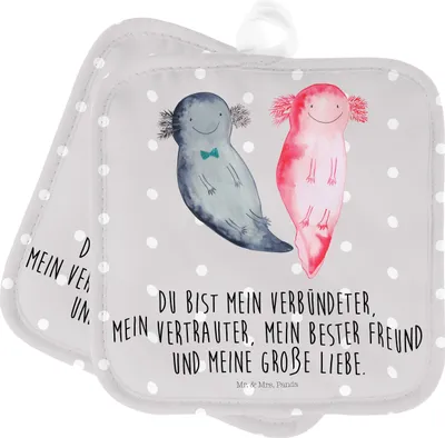 Produktbild von Mr. & Mrs. Panda Topflappen Axolotl Freundin - Grau Pastell - Geschenk, Valentinstag, Liebe, Set, Topfuntersetzer, Jahrestag, topfhalter, Kochlappen, Doppel