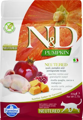 Productafbeelding van FARMINA N&D Pumpkin Cat, kwartel en granaatappel, voor volwassen katten die gesteriliseerd of gecastreerd zijn - Droogvoer voor katten - 300 g