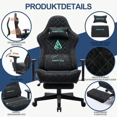 Image de Fauteuil de gaming ergonomique, en similicuir respirant, avec dossier et accoudoirs réglables