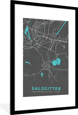 Produktbild von MuchoWow® Gerahmtes Poster Stadtplan - Karte - Salzgitter - Blau - Deutschland - Karte 60x90 cm - Poster mit Schwarzem Bilderrahmen Wandposter Rahmen Foto Bilder - Dekoration - Wandposter Wohnzimmer - Hochwertig