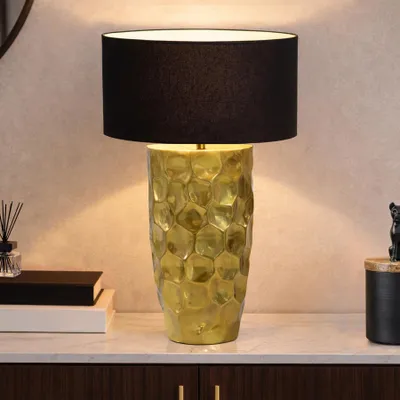 Produktbild von riess-ambiente Tischlampe AURELIA 55cm gold schwarz Metall Hammerschlag-Design mit Stoffschirm
