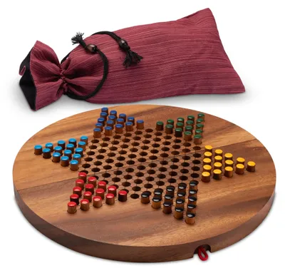 Produktbild von Halma XL - Brettspiel für 2 bis 6 Spieler - Spielbrett 31 cm rund - 15 große Spielsteine pro Farbe - Faltbar mit Schnurverschluss - Inklusive Stofftasche aus 100% Baumwolle