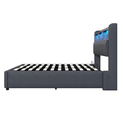 Produktbild von Merax Polsterbett 180x200cm mit hydraulischem Bettkasten, Kinderbett mit LED, USB- & Type-C, Kopfteil mit Ablage und Stauraum, Leinenstoff Grau