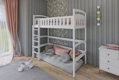 Produktbild von Hochbett 90x200 mit Lattenrost und Rausfallschutz, aus Vollholz massiv in weiss, Funktionsbett Jugendbett