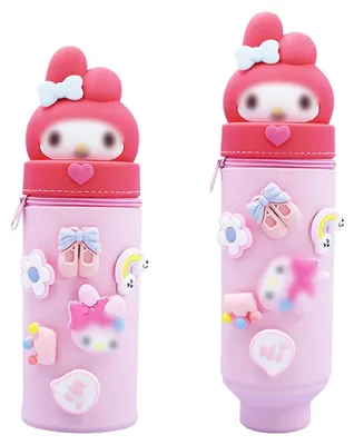 Produktbild von 2-in-1-Etui aus weichem Silikon, 18,5 x 6,5 cm, multifunktionaler Stiftehalter mit Cartoon-Motiv und Reißverschluss für Buntstifte und Marker (rosa, B)