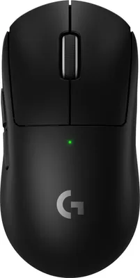 A top-down view of a black Logitech gaming mouse on a white background.