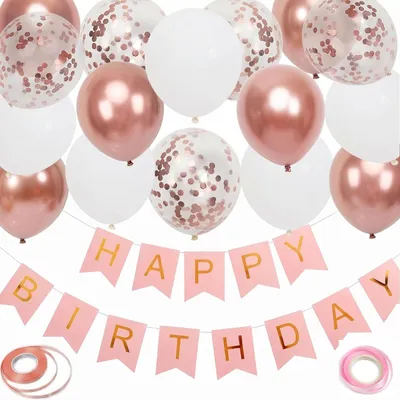 Immagine prodotto di Set di decorazioni per compleanno in rosa oro, composto da 16 palloncini, una ghirlanda con la scritta "Buon Compleanno" e altri articoli per feste