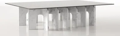 Obrázok produktu pre Casa Padrino luxusný mramorový konferenčný stolík so sklenenou doskou biely 140 x 80 x v. 35 cm - Obdĺžnikový stôl do obývačky z kvalitného španielskeho carrarského mramoru - Luxusný nábytok do obývačky