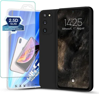 A black phone case and screen protector are displayed against a white background.