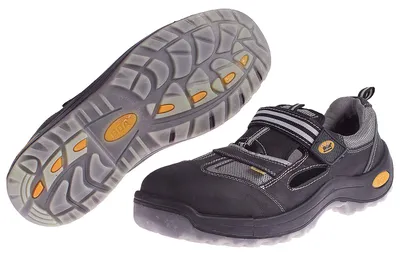 A pair of black and gray safety sandals shown from two angles.