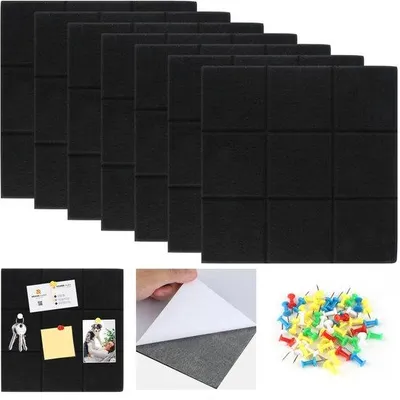 Zdjęcie produktu dla Tablica korkowa filcowa, 30 x 30 cm, samoprzylepna, zestaw 7 sztuk, tablice informacyjne, 50 pinezek, dekoracja ścian do biura, kuchni, szkoły