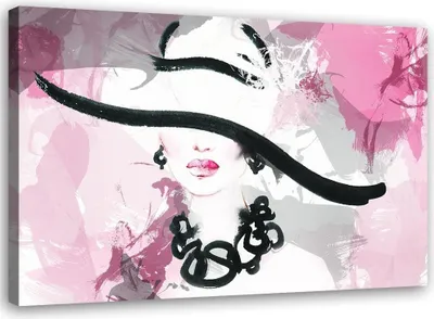 Produktbild von Leinwandbild frau mit glamour-hut 100x70 cm Feeby rosa wandbild bereit zum aufhängen
