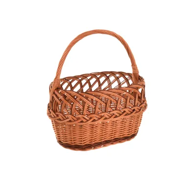 A woven basket with a handle is shown against a white background.