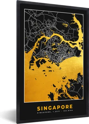 Produktbild von MuchoWow® Gerahmtes Poster Singapur - Stadtplan - Gold - Karte 20x30 cm - Poster mit Schwarzem Bilderrahmen Wandposter Rahmen Foto Bilder - Drucken - Bilder Poster im Rahmen